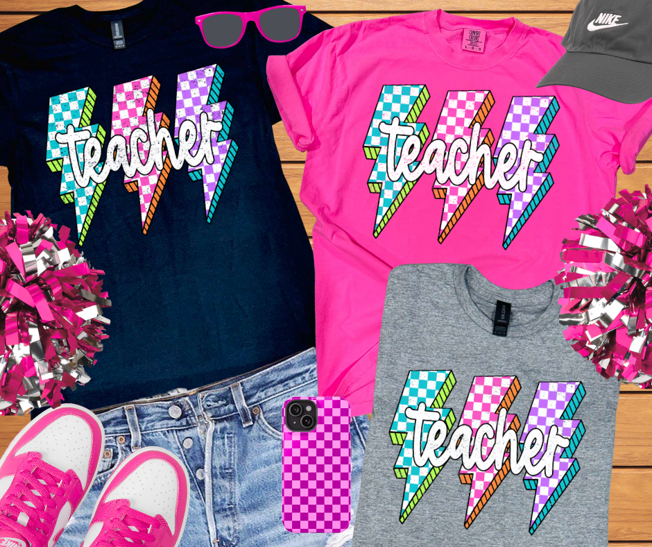 DTF TRANSFER ONLY  - Teacher Checkered Lightning Bolts