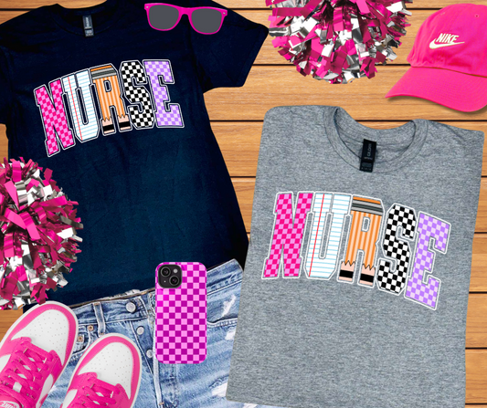 DTF TRANSFER ONLY  - Checkered, Notebook, Pencil NURSE Letters