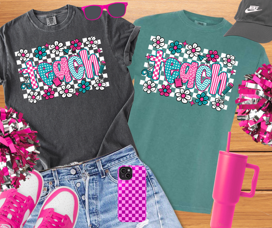 DTF TRANSFER ONLY  - Floral Checkered Teach
