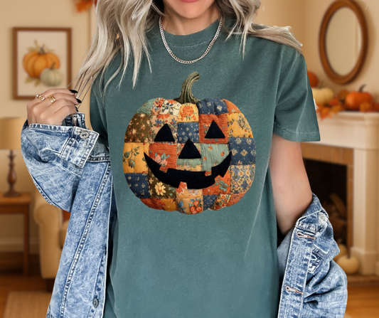 DTF TRANSFER ONLY  - Patchwork Carved Pumpkin