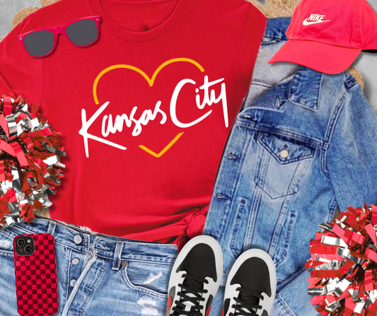 DTF TRANSFER ONLY  - White/Yellow Kansas City Script Heart