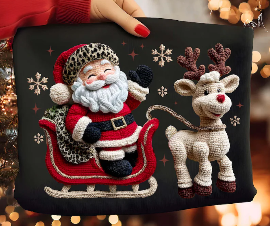 DTF TRANSFER ONLY  - Faux Yarn Santa & Reindeer
