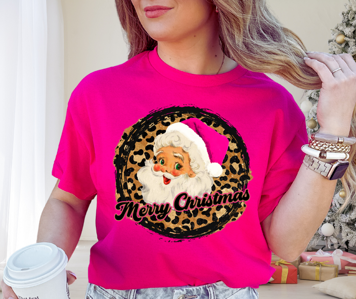 DTF TRANSFER ONLY  - Pink Leopard Merry Christmas Santa