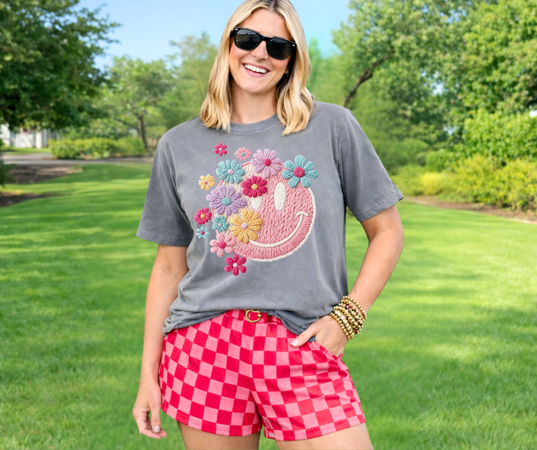DTF TRANSFER ONLY  - Faux Chenille Spring Flower Happy Face