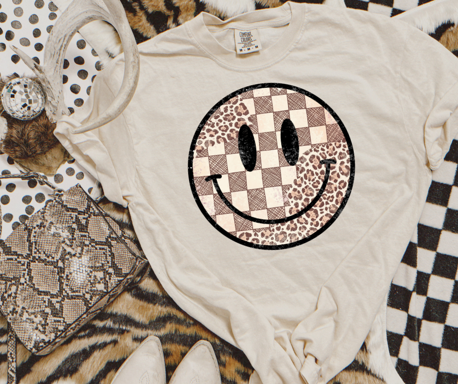 DTF TRANSFER ONLY  - Neutral Leopard & Checkered Happy Face