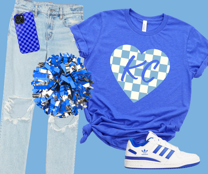 DTF TRANSFER ONLY  - Light Blue KC Checkered Heart