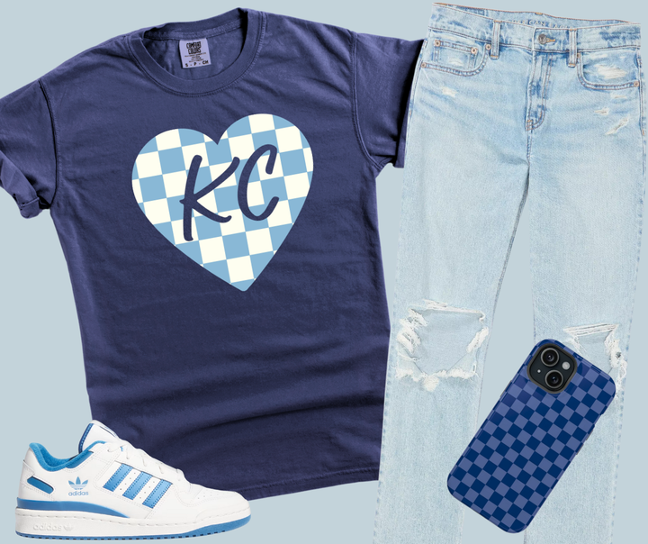 DTF TRANSFER ONLY  - Light Blue KC Checkered Heart