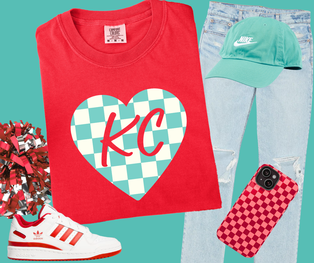 DTF TRANSFER ONLY  - Teal KC Checkered Heart