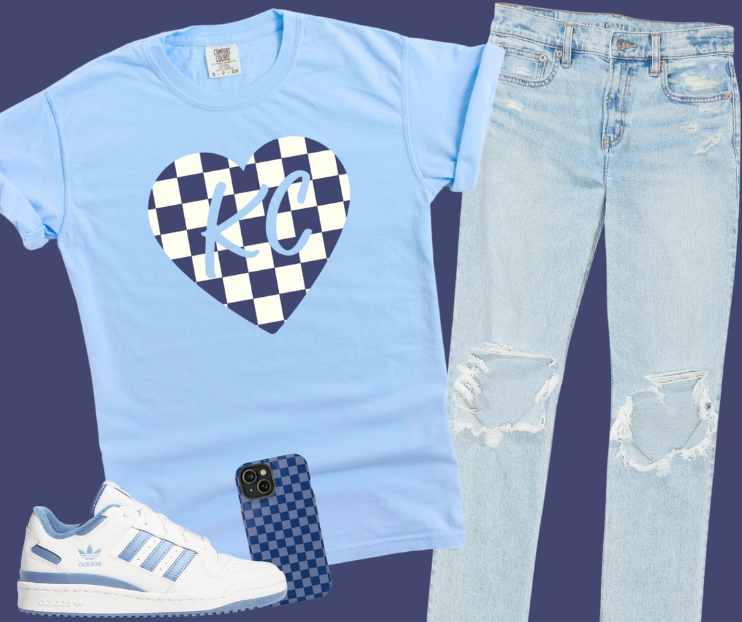 DTF TRANSFER ONLY  -  Navy KC Checkered Heart