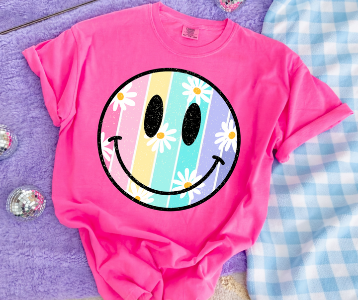 DTF TRANSFER ONLY  - Colorful Striped Daisy Smile Face