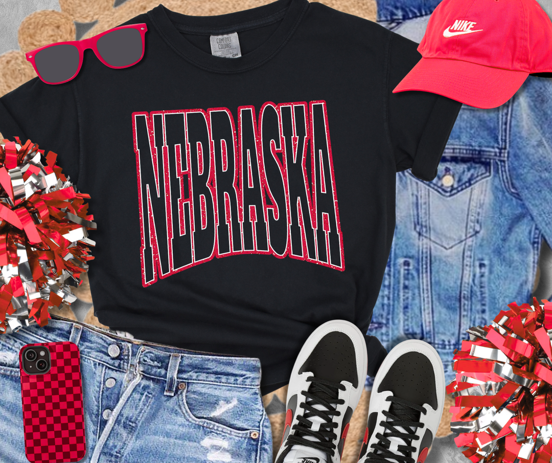DTF TRANSFER ONLY  - Red/White Nebraska No Fill on Text
