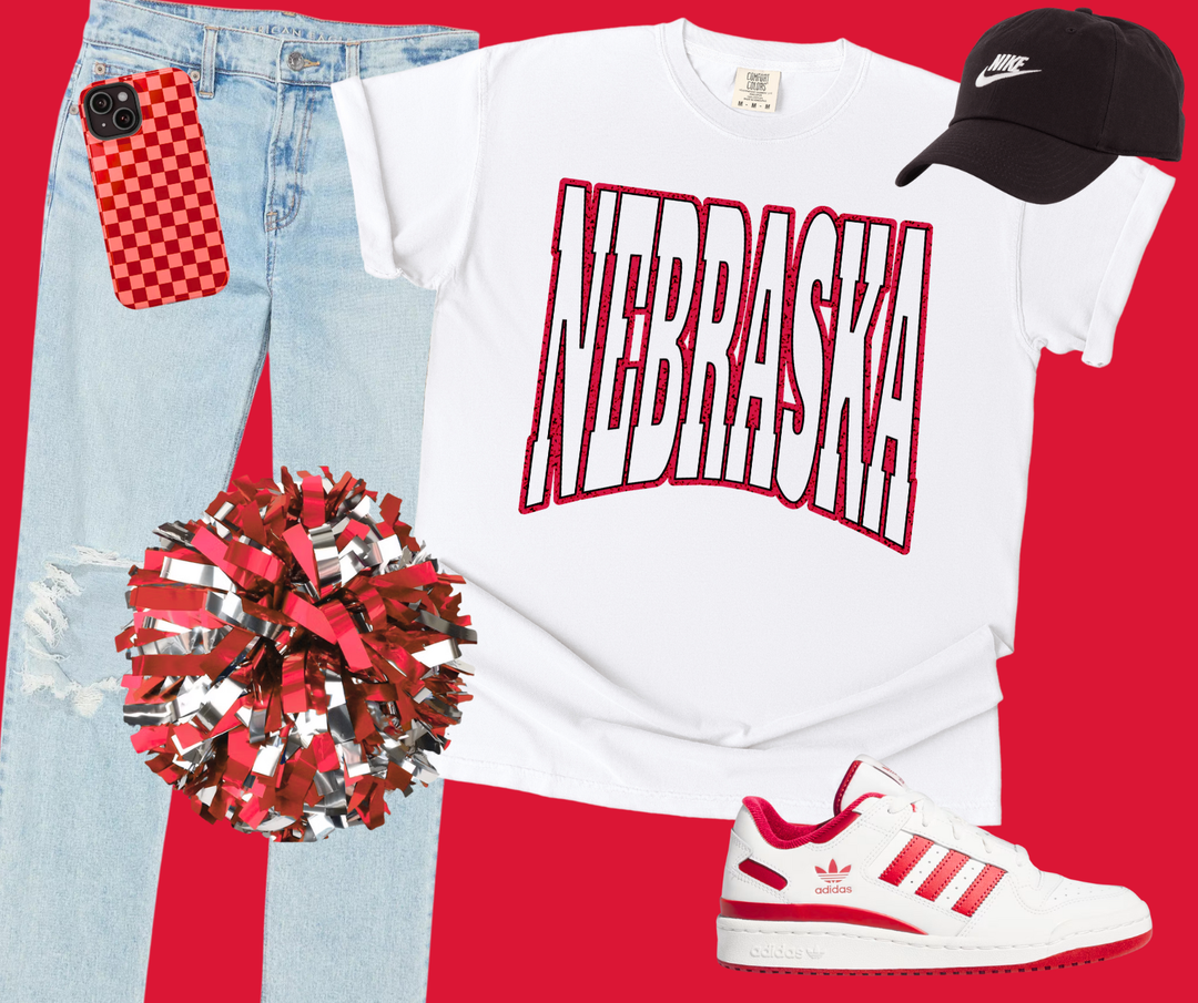 DTF TRANSFER ONLY  - Red/Black Nebraska No Fill on Text