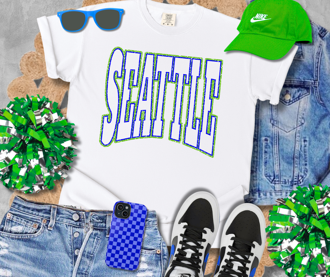 DTF TRANSFER ONLY  - Green/Blue Seattle No Fill on Text