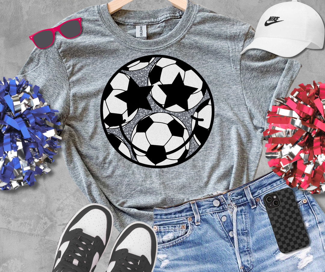 DTF TRANSFER ONLY - Faux Glitter Soccer Ball Happy Face