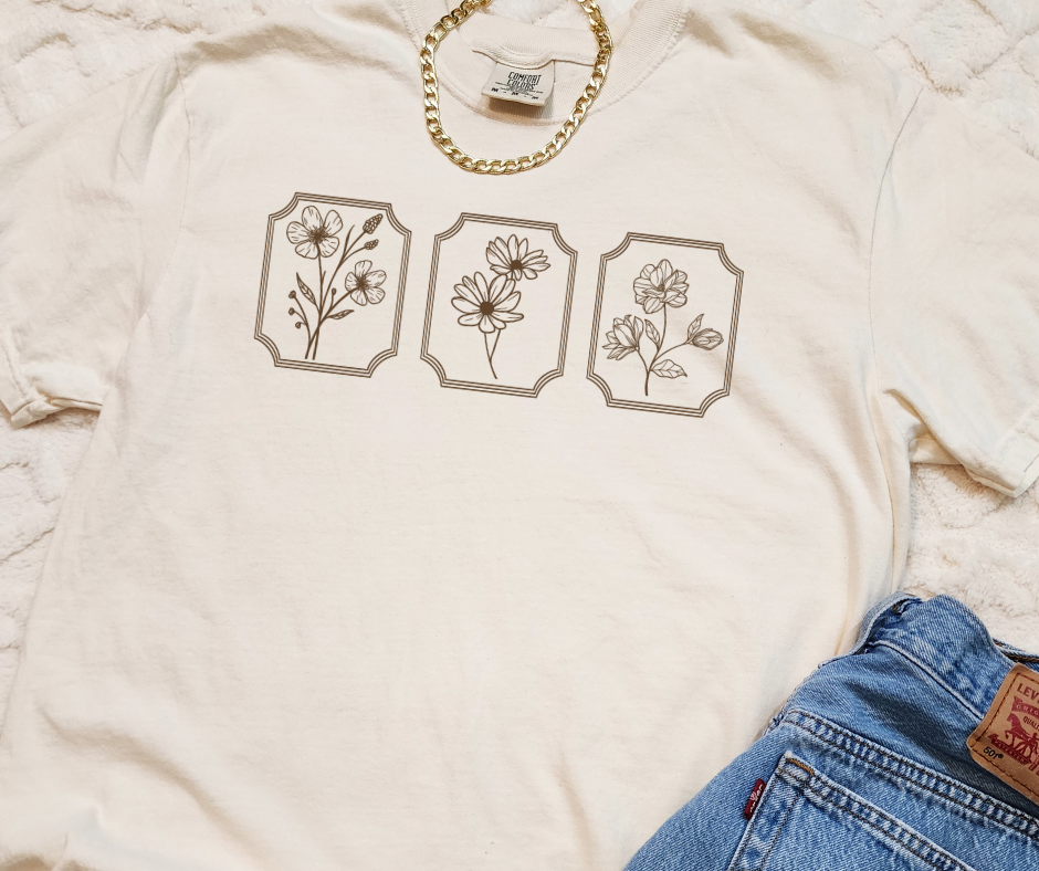 DTF TRANSFER ONLY  - Three Framed Flower Stems 2 transfers Per Sheet