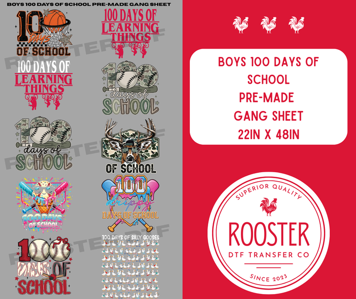 DTF TRANSFER ONLY  - Boys 100 Days of School Pre-Made Gang Sheet (22x48in)