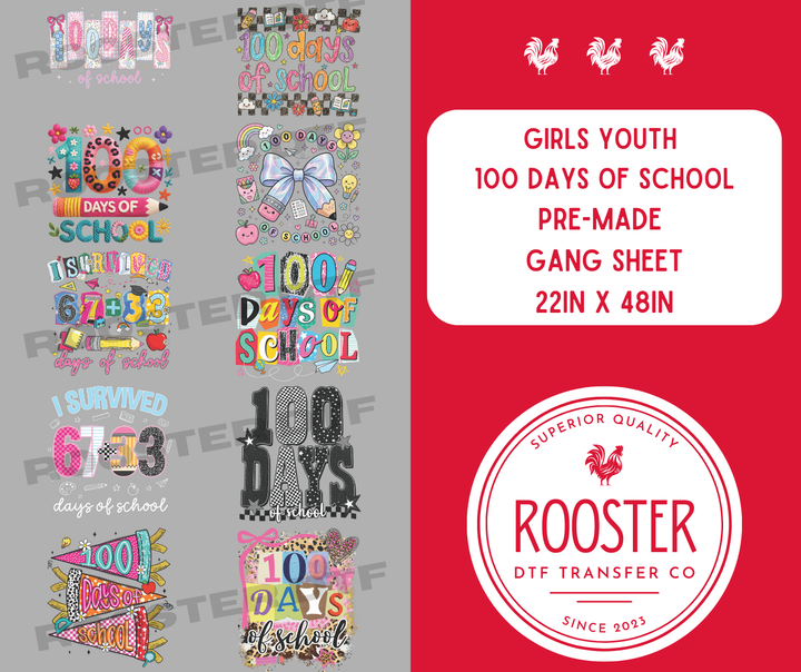 DTF TRANSFER ONLY  - Girls Youth 100 Days of School Pre-Made Gang Sheet (22x48in)