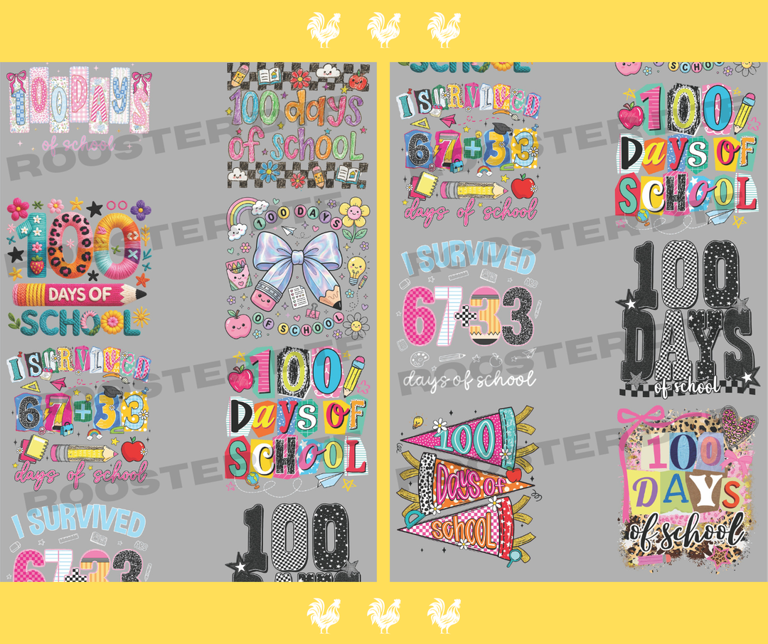 DTF TRANSFER ONLY  - Girls Youth 100 Days of School Pre-Made Gang Sheet (22x48in)