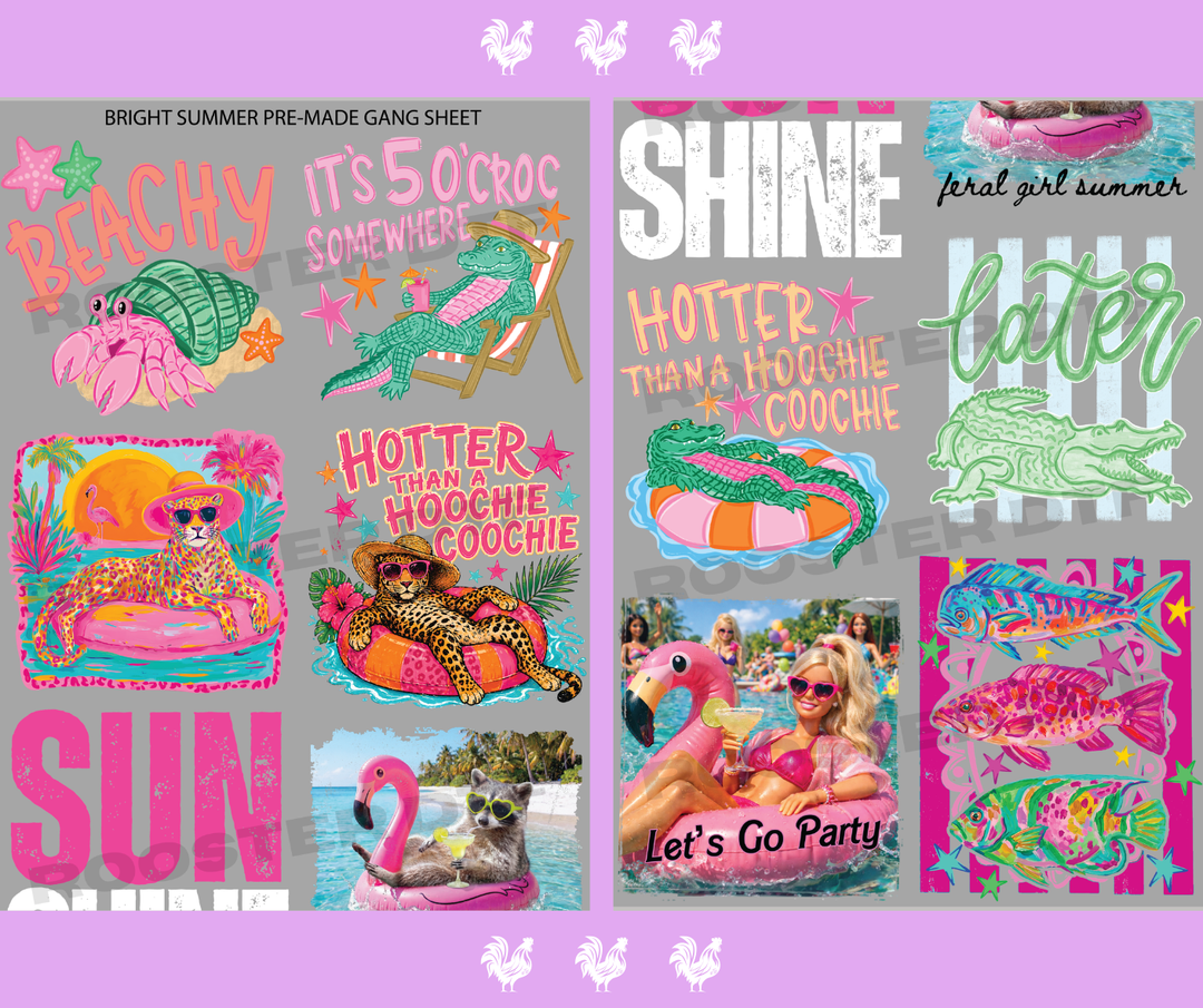 DTF TRANSFER ONLY  - BRIGHT SUMMER PRE-MADE GANG SHEET (22x60in)