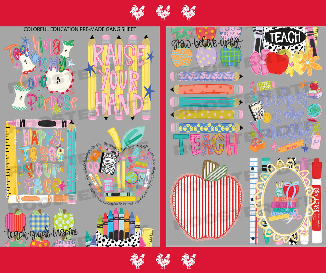 DTF TRANSFER ONLY  - COLORFUL EDUCATION PRE-MADE GANG SHEET (22x60in)