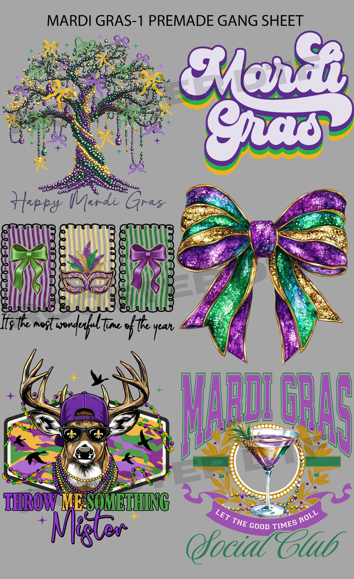 DTF TRANSFER ONLY  - MARDI GRAS -1 PRE-MADE GANG SHEET (22x36in)