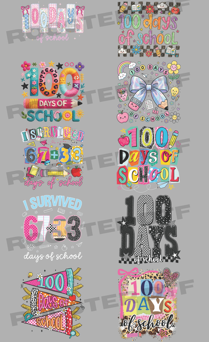 DTF TRANSFER ONLY  - Girls Youth 100 Days of School Pre-Made Gang Sheet (22x48in)