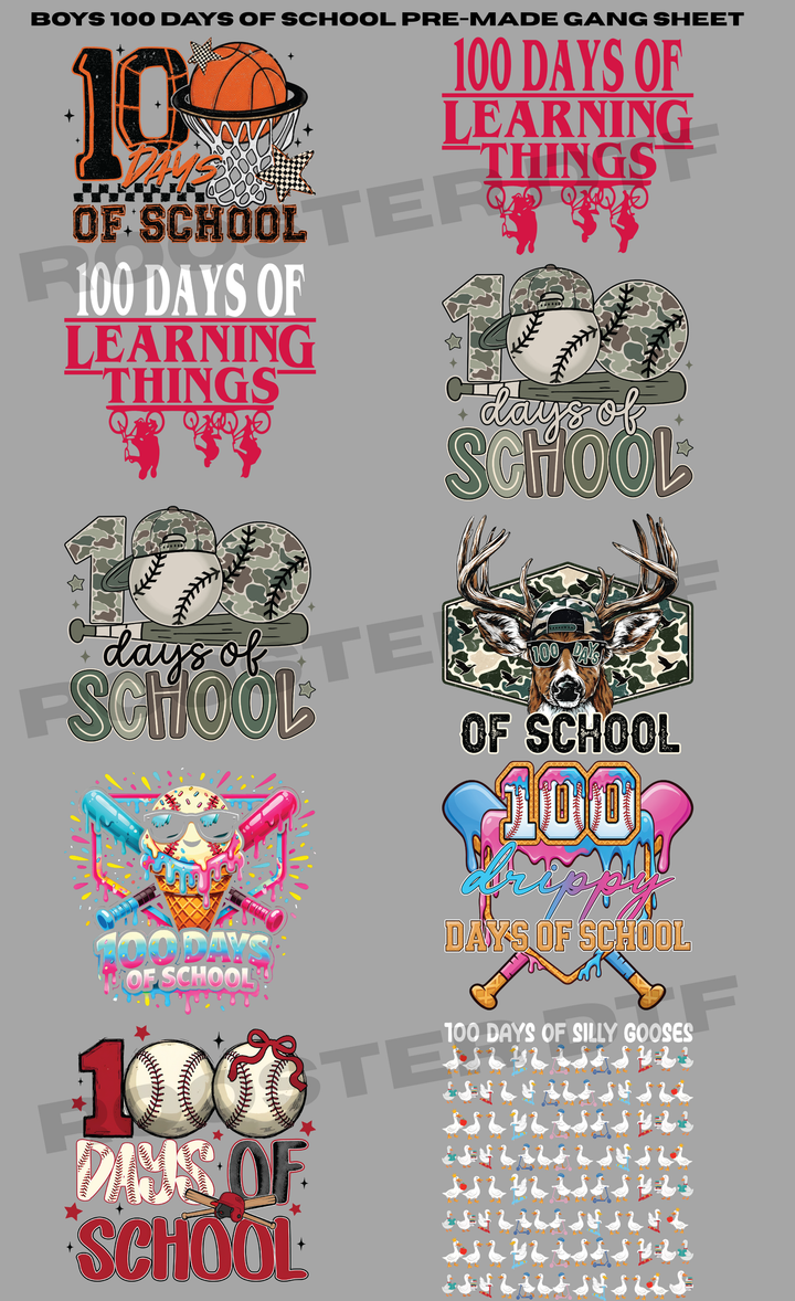 DTF TRANSFER ONLY  - Boys 100 Days of School Pre-Made Gang Sheet (22x48in)