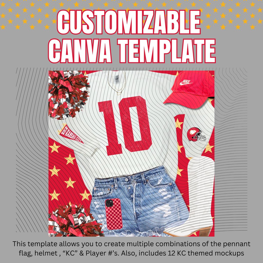 DIGITAL DOWNLOAD ONLY - Customizable - Distressed KC, Pennant, Player #'s, & Mockups Canva Template
