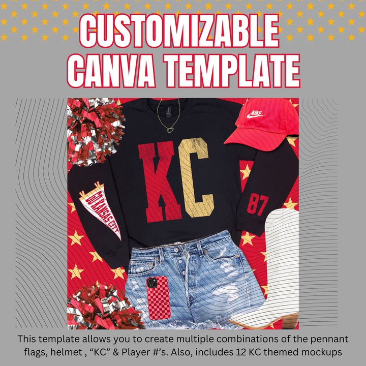 DIGITAL DOWNLOAD ONLY - Customizable - Distressed KC, Pennant, Player #'s, & Mockups Canva Template