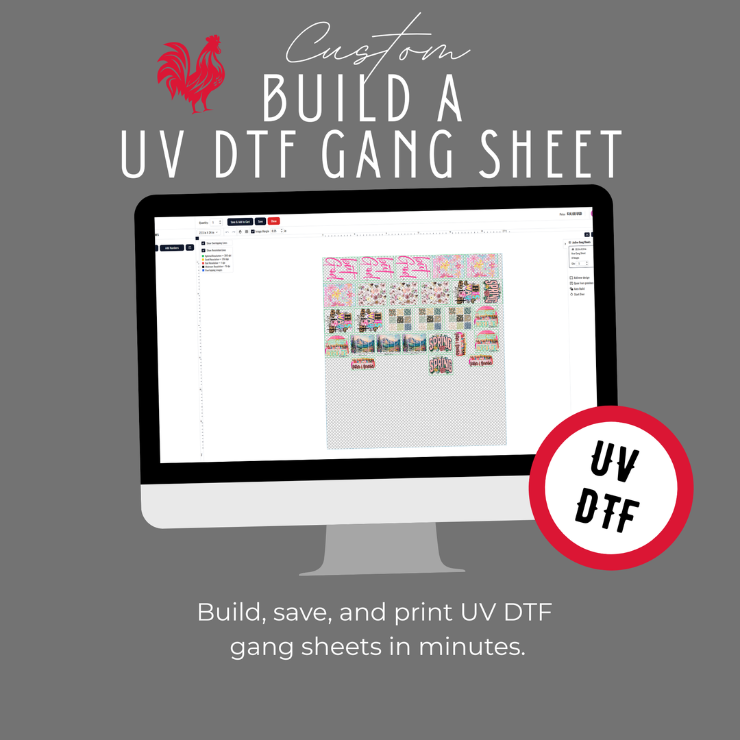 Computer monitor displaying UV DTF gang sheet design software with text and logo on a gray background