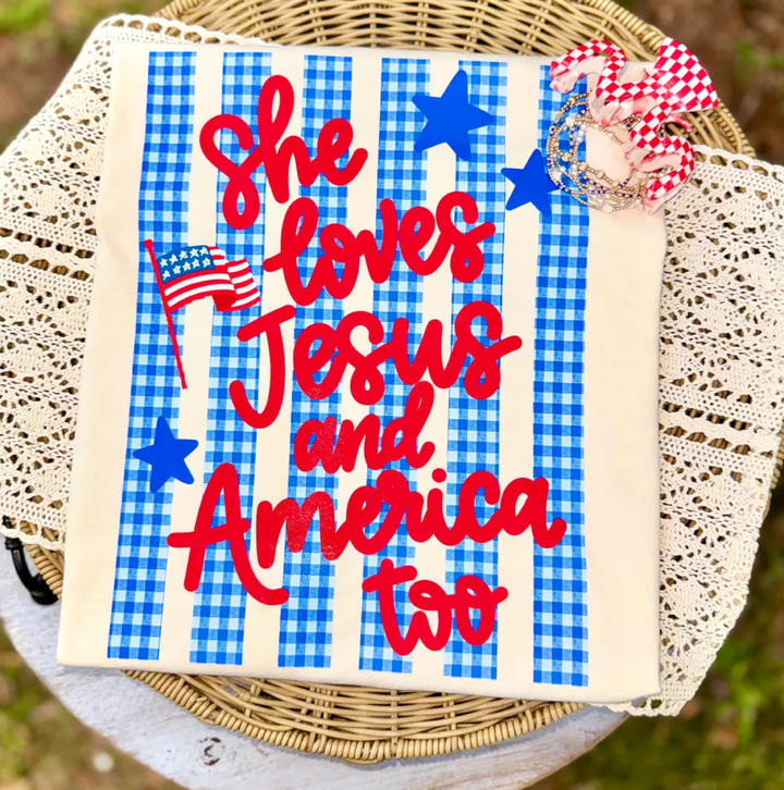 DTF TRANSFER ONLY - Gingham She Loves Jesus and America Too