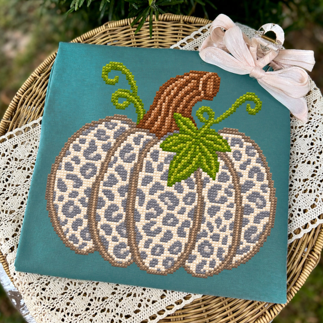 DTF TRANSFER ONLY  - Faux Cross Stich Leopard Pumpkin