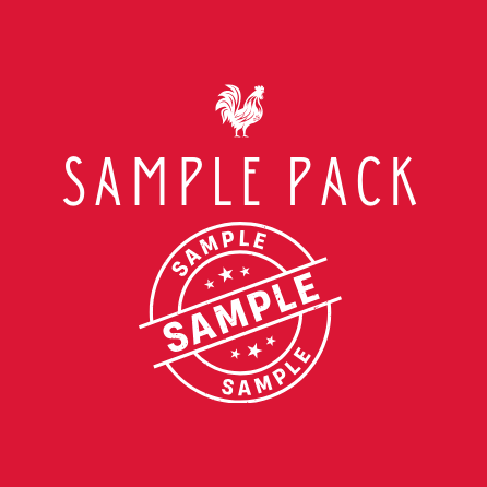 Red background with 'SAMPLE PACK' text and rooster logo in white.