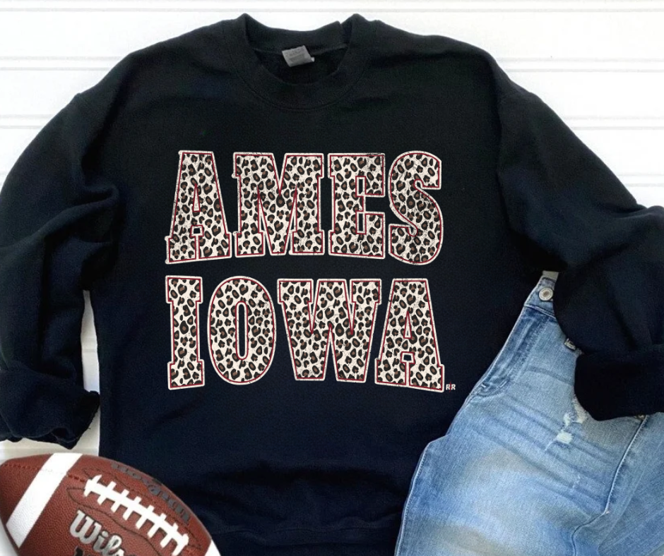 Leopard Ames Iowa Block Letters Black Sweatshirt 