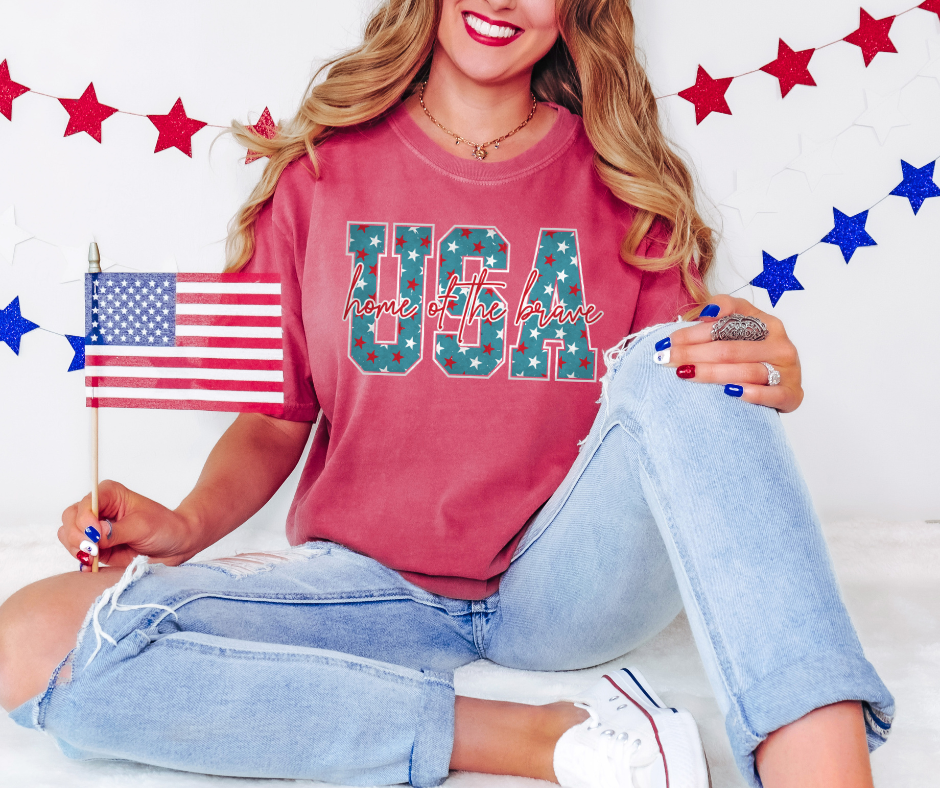 DTF TRANSFER ONLY -USA Home of the Brave Teal Star background