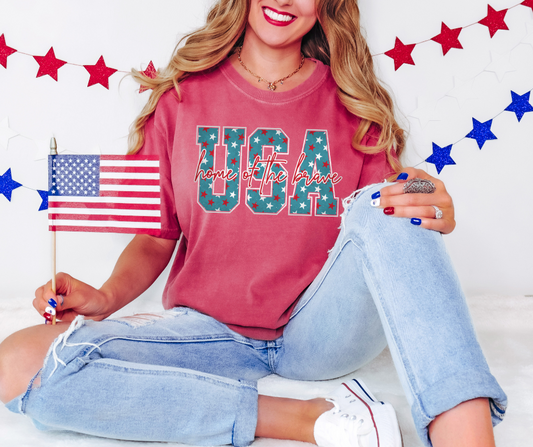 DTF TRANSFER ONLY -USA Home of the Brave Teal Star background