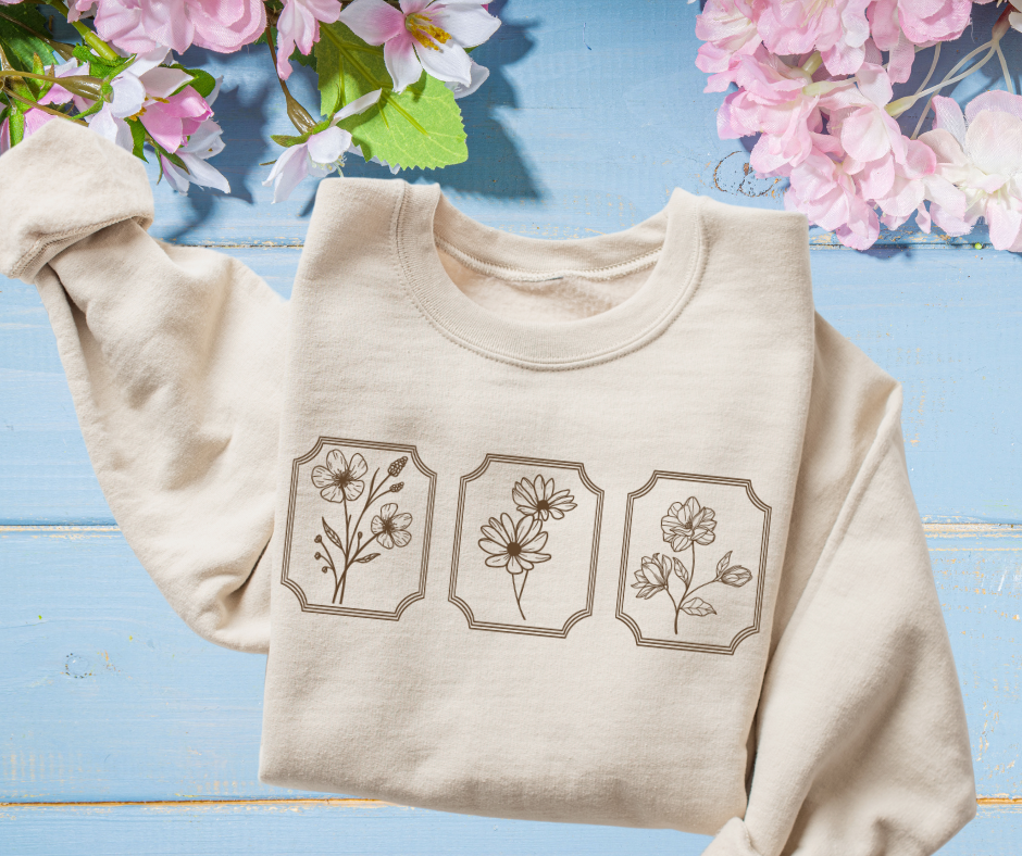 DTF TRANSFER ONLY  - Three Framed Flower Stems 2 transfers Per Sheet