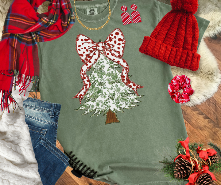 DTF TRANSFER ONLY  - Coquette Christmas Tree Bow Green Floral Pattern