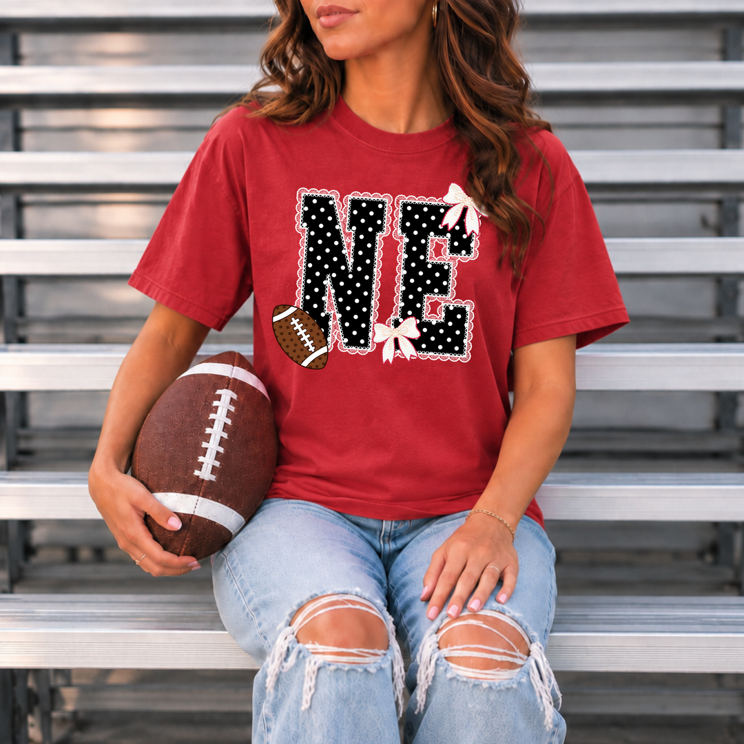DTF TRANSFER ONLY  - Black/White Polkadot Lace N-E Football & Bows
